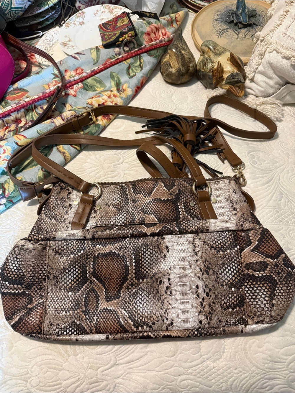 Brown Snake-Print Crossbody Bag with Tassel Accent
